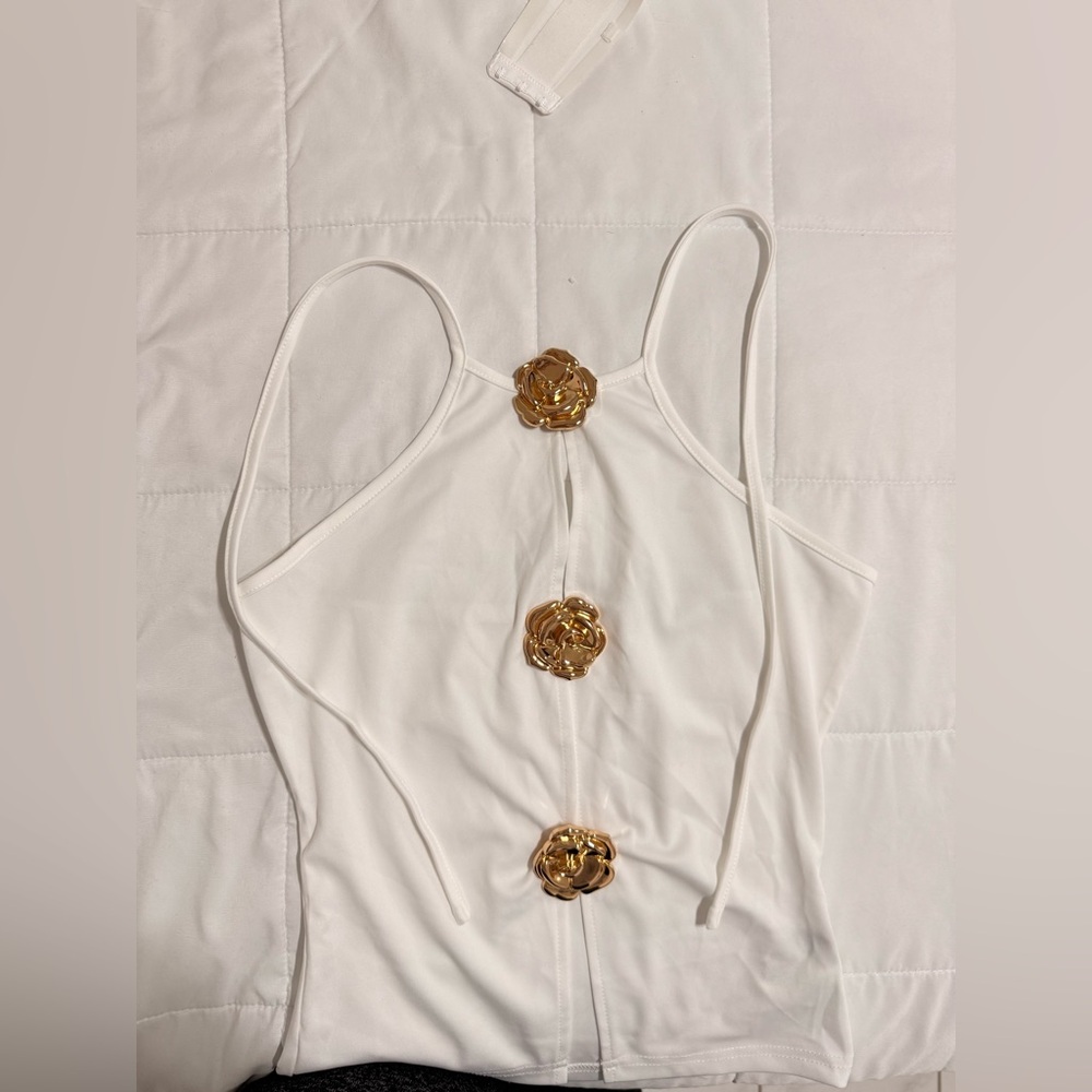 White Womens Tank Top with Gold Flower Accents